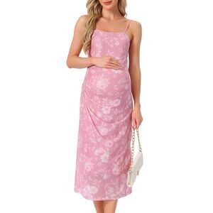 Maternity Mesh Ruched Side Bodycon Spaghetti Strap Dresses Pink